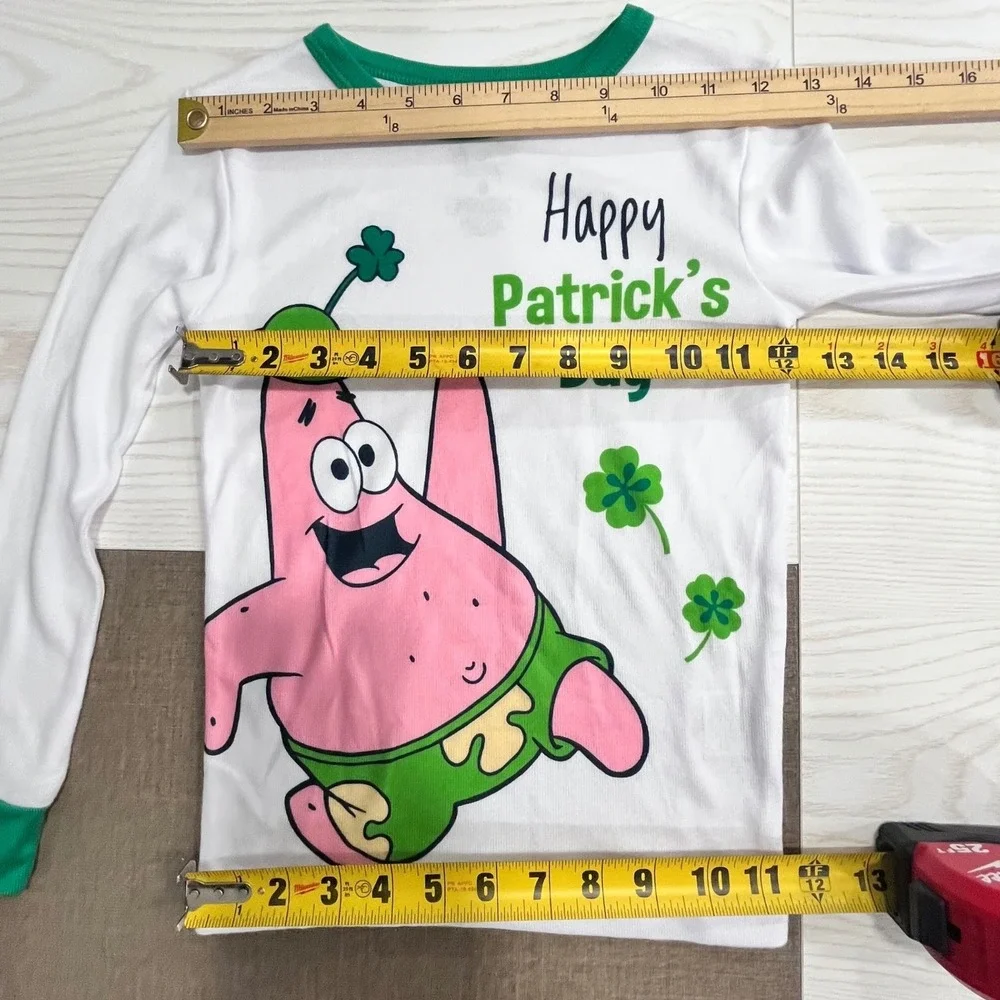 SpongeBob SquarePants Pajama Set Boys 8 White Green Patrick St Patricks Day New